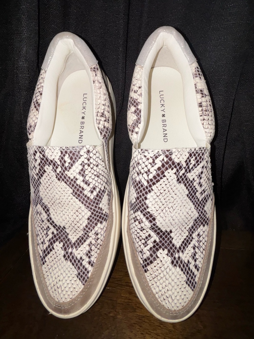Lucky Brand Women’s Slip-On Moccasins in White and Brown Snake Print